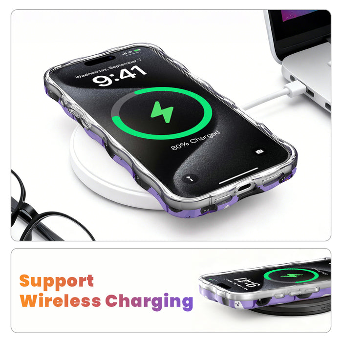 Wireless charging diagram showing an iPhone in the Ghostly Whisker's Wavy Luxe MagSafe case charging on a wireless charging pad.