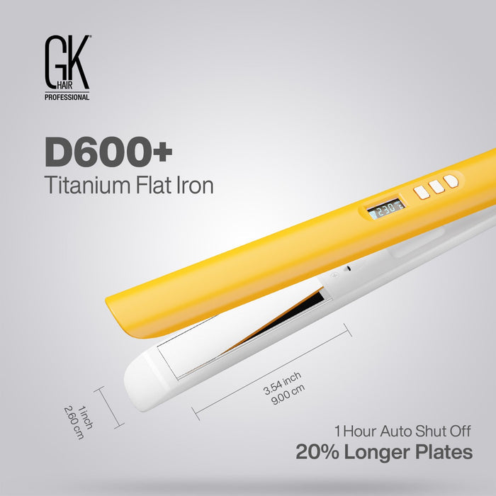 GK Hair D600+ Titanium Flat Iron panel: plates 3.54 in / 9.00 cm by 1 in / 2.60 cm, 1 hour auto shut off, 20% longer plates