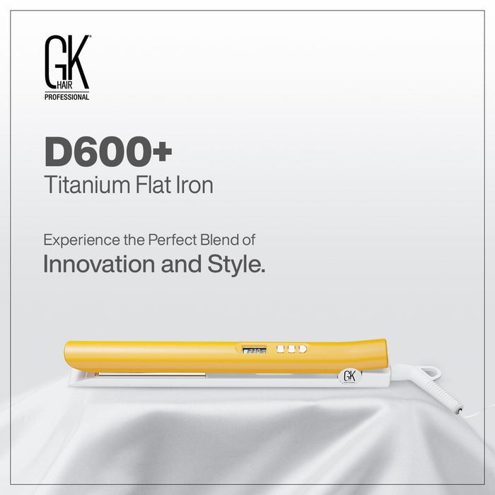 GK Hair D600+ Titanium Flat Iron on white satin with the line Experience the Perfect Blend of Innovation and Style