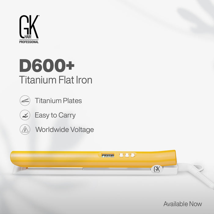 GK Hair D600+ Titanium Flat Iron listing titanium plates, easy to carry and worldwide voltage, marked Available Now