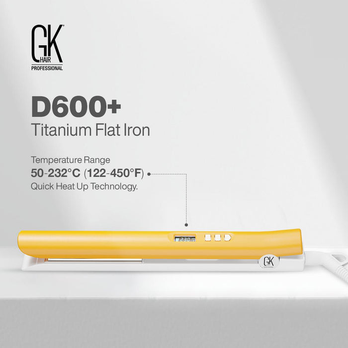 GK Hair D600+ Titanium Flat Iron panel stating temperature range 50-232°C (122-450°F) and Quick Heat Up Technology