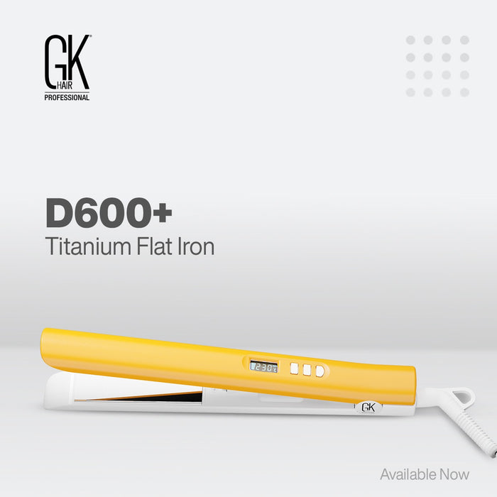 GK Hair D600+ Titanium Flat Iron ad reading Available Now, yellow iron with plates open on a gray background