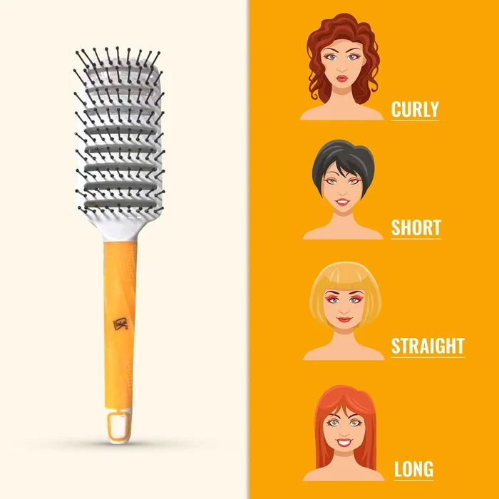 GK Hair Vent Brush 2.5 Inch with orange handle beside illustrated women labeled Curly, Short, Straight and Long hair types