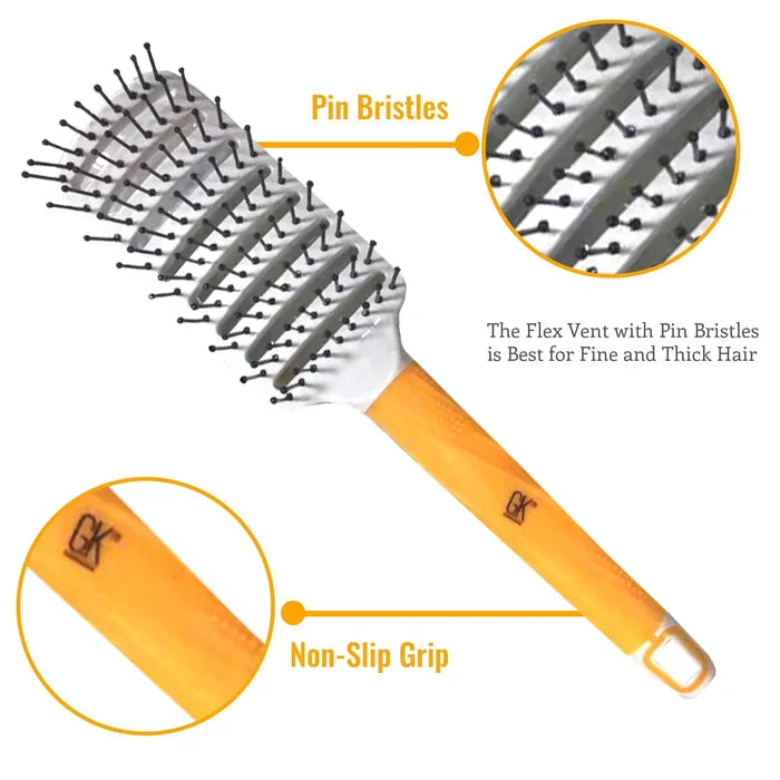 Narrow GK Hair vent brush, amber non-slip grip, pin bristles close-up; text: Flex Vent with Pin Bristles Best for Fine and Thick Hair