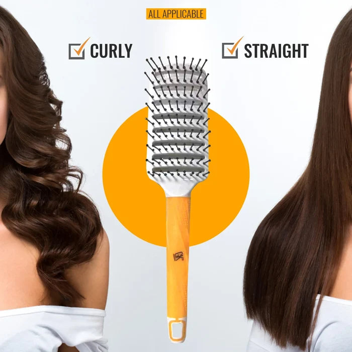 GK Hair Vent Brush 2.5 Inch marked ALL APPLICABLE between women with curly and straight brown hair, both Curly and Straight checked