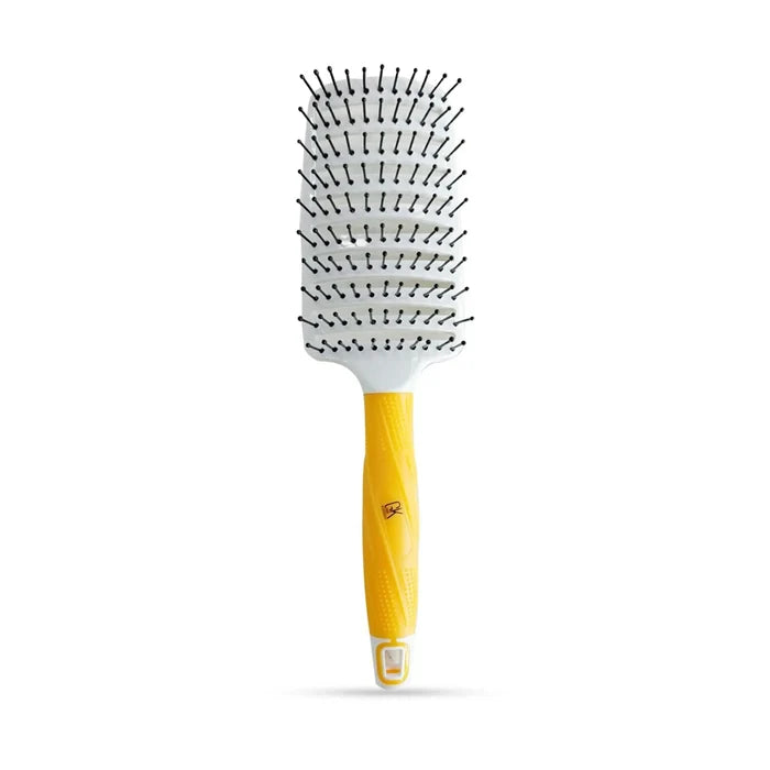 GK Hair Vent Brush 3 inch alone on white, wide white vented head with black ball-tipped pins and a yellow non-slip handle
