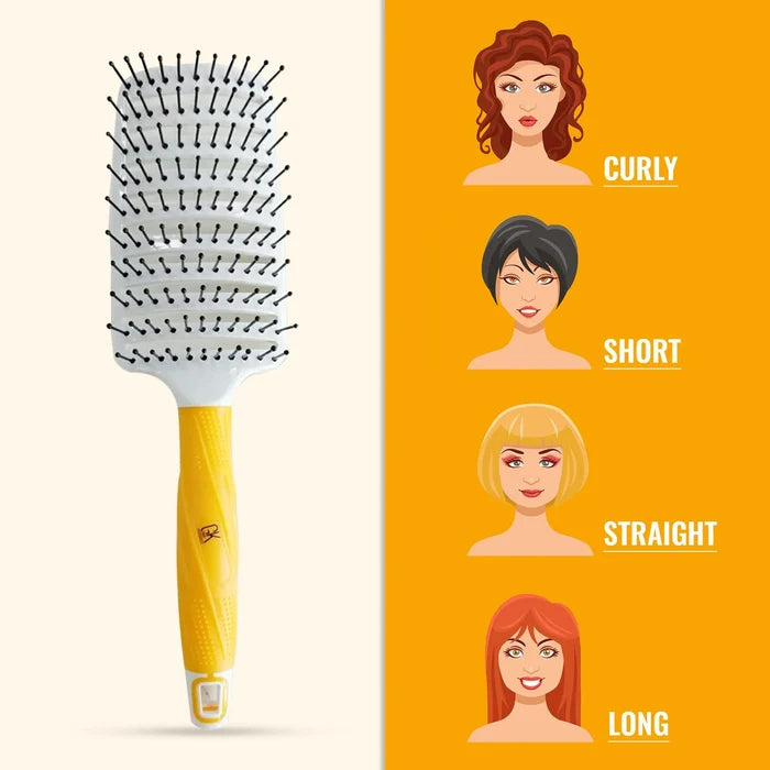 GK Hair Vent Brush 3 inch with yellow handle beside illustrated women labeled Curly, Short, Straight and Long hair types