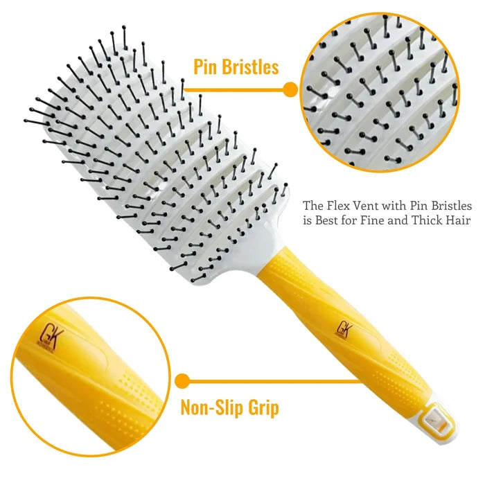 Wide GK Hair vent brush, yellow non-slip grip, pin bristles close-up; text: Flex Vent with Pin Bristles Best for Fine and Thick Hair