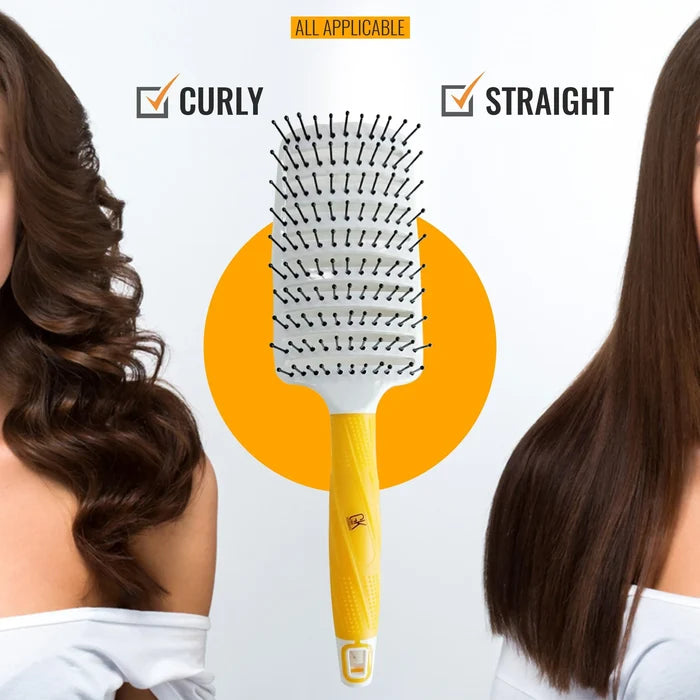 GK Hair Vent Brush 3 inch marked ALL APPLICABLE between women with curly and straight brown hair, both Curly and Straight checked