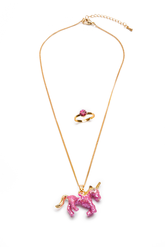 Glitter Pink Unicorn Necklace and Ring Set-Retail-Great Pretenders USA