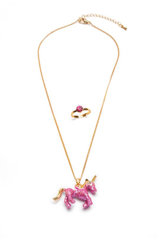 Glitter Pink Unicorn Necklace and Ring Set-Retail-Great Pretenders USA