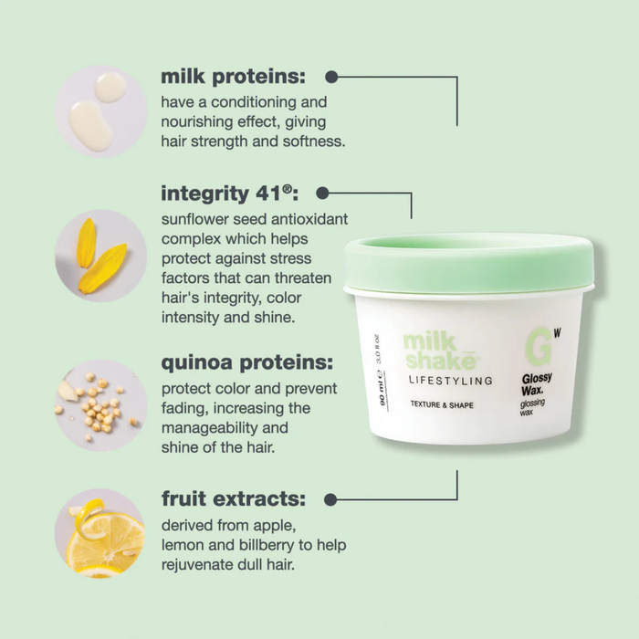 milk_shake glossy wax with text detailing ingredients and benefits on a light green background