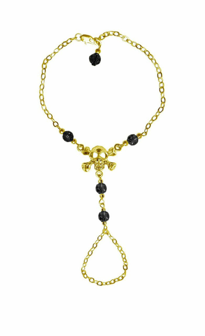 Gold skull and crossbones hand chain finger bracelet with black bead accents