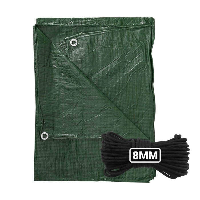 Green S-Grade Tarpaulin with 10 Metres of 8mm Bungee Rope for Reinforced Eyelets