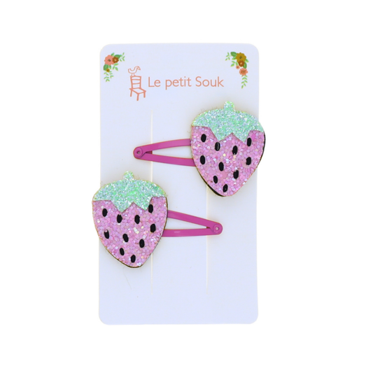 Le Petit Souk - Hair Clips - Strawberry W/Glitters