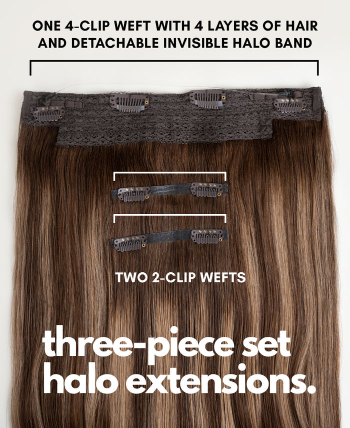 halo one-step hair extensions brown balayage.