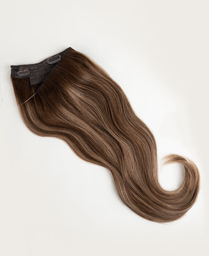 halo one-step hair extensions brown balayage.