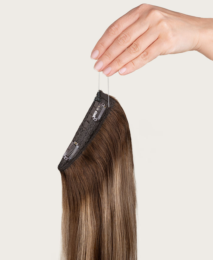 halo one-step hair extensions brown balayage.