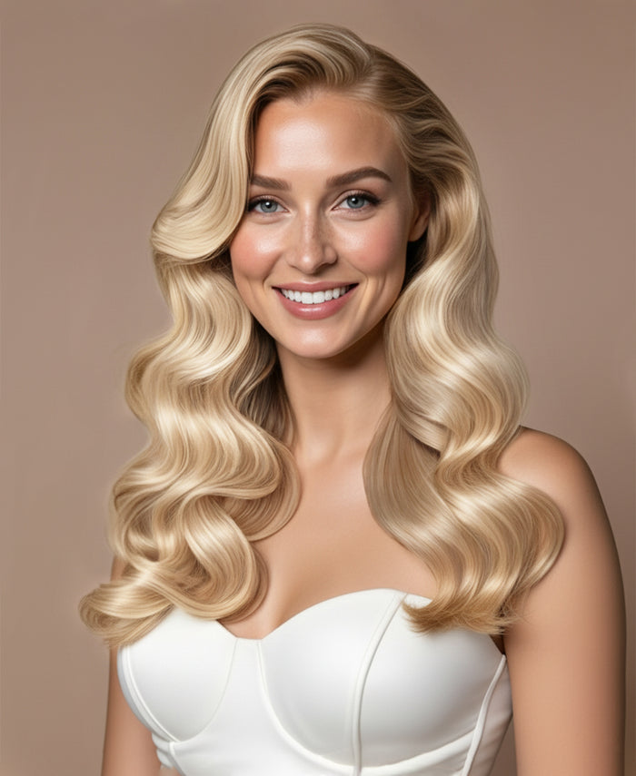 halo one-step hair extensions champagne blonde.
