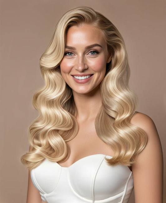 halo one-step hair extensions champagne blonde.