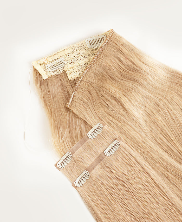 halo one-step hair extensions champagne blonde.