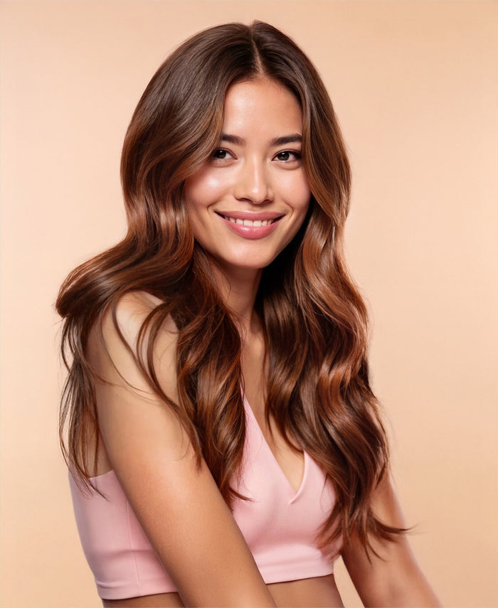 halo one-step hair extensions chestnut balayage.
