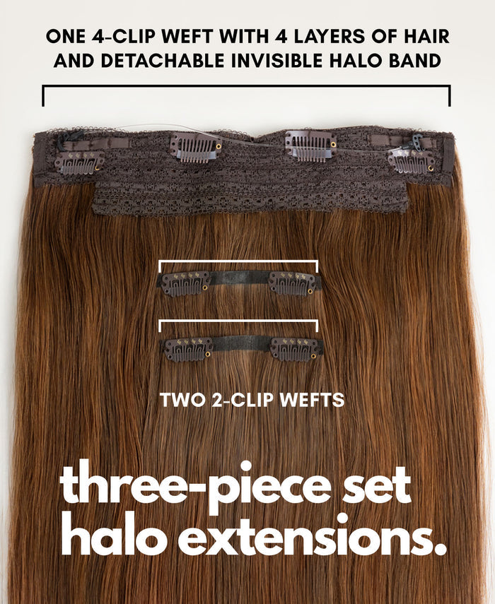 halo one-step hair extensions chestnut balayage.