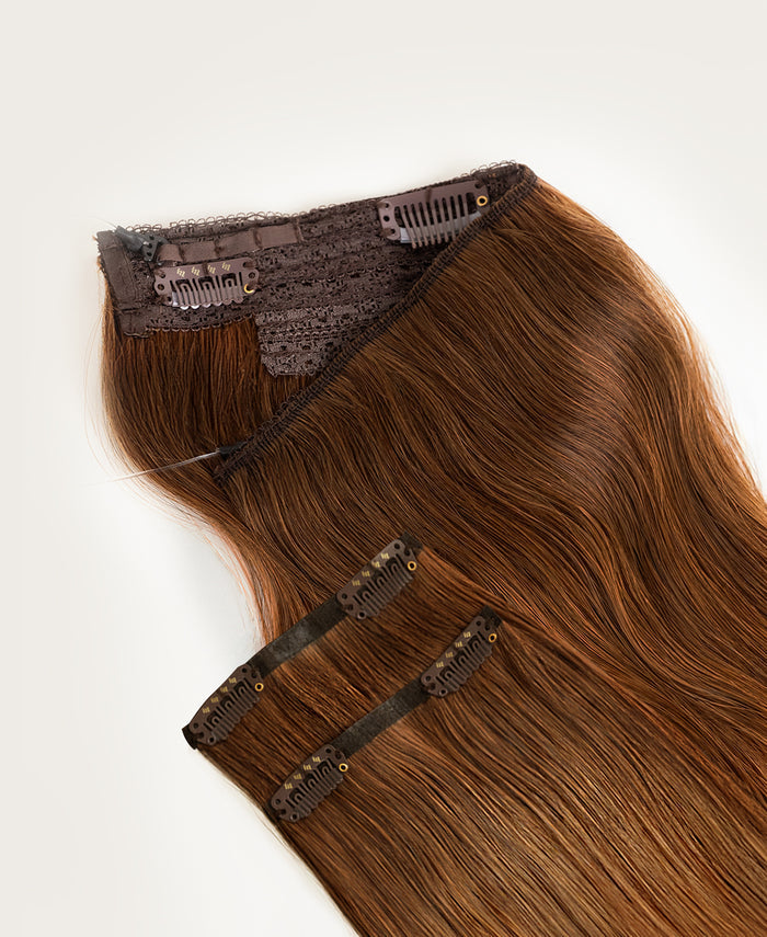 halo one-step hair extensions chestnut balayage.