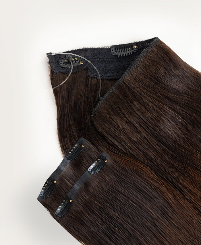 halo one-step hair extensions dimensional brown.