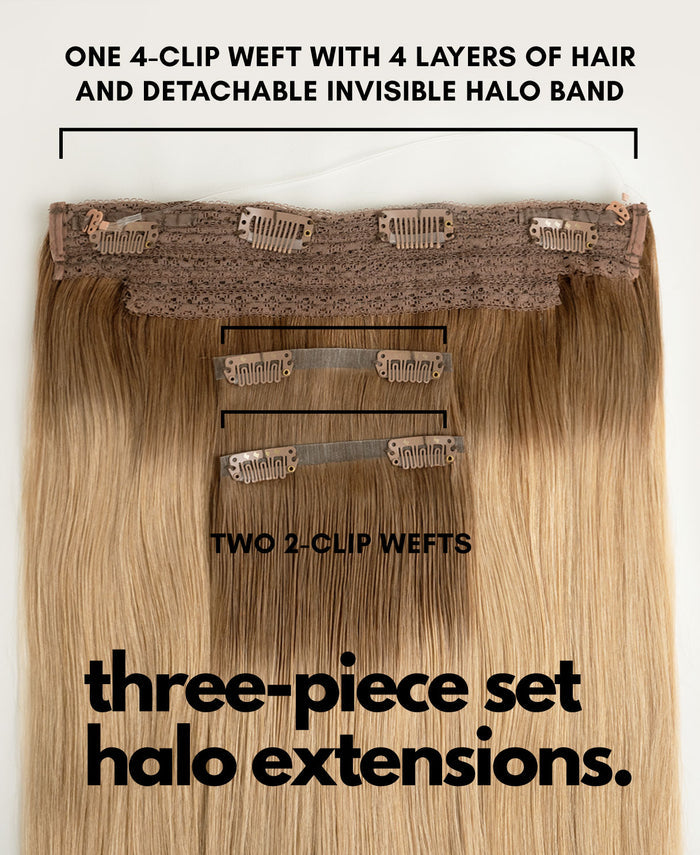 halo one-step hair extensions dirty blonde rootmelt.