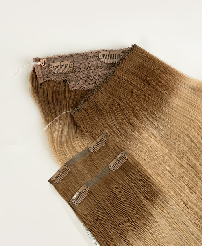 halo one-step hair extensions dirty blonde rootmelt.