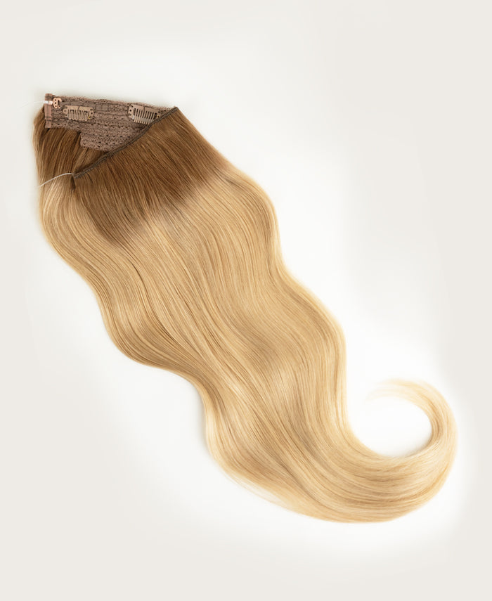 halo one-step hair extensions dirty blonde rootmelt.