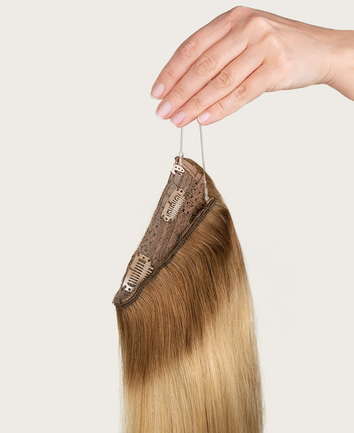 halo one-step hair extensions dirty blonde rootmelt.