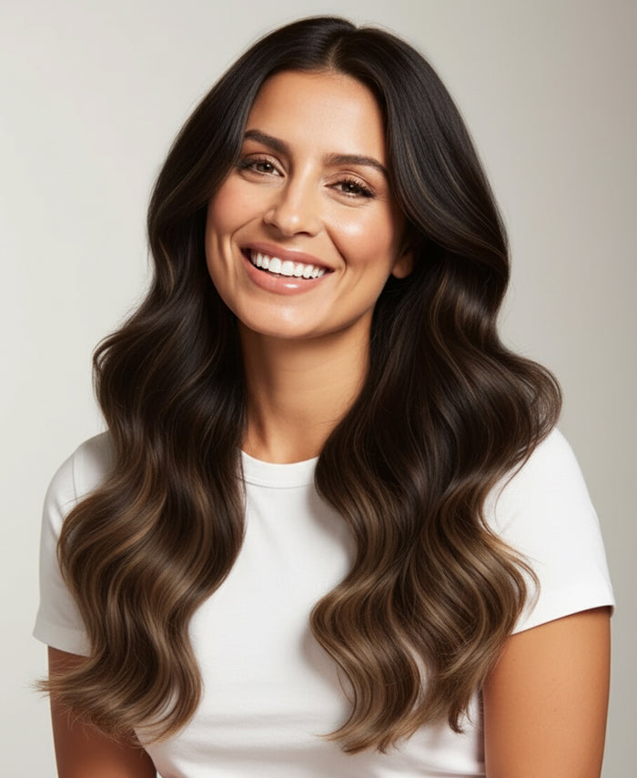 halo one-step hair extensions mocha balayage.