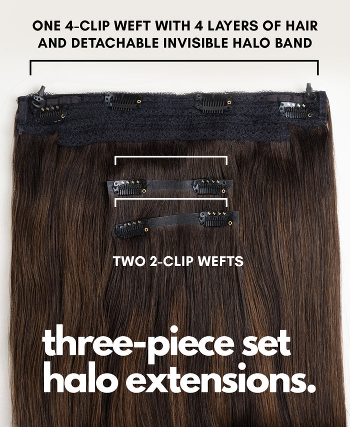 halo one-step hair extensions mocha balayage.