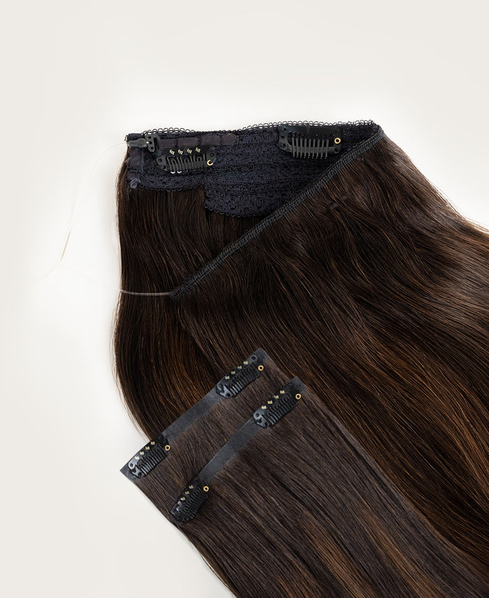 halo one-step hair extensions mocha balayage.