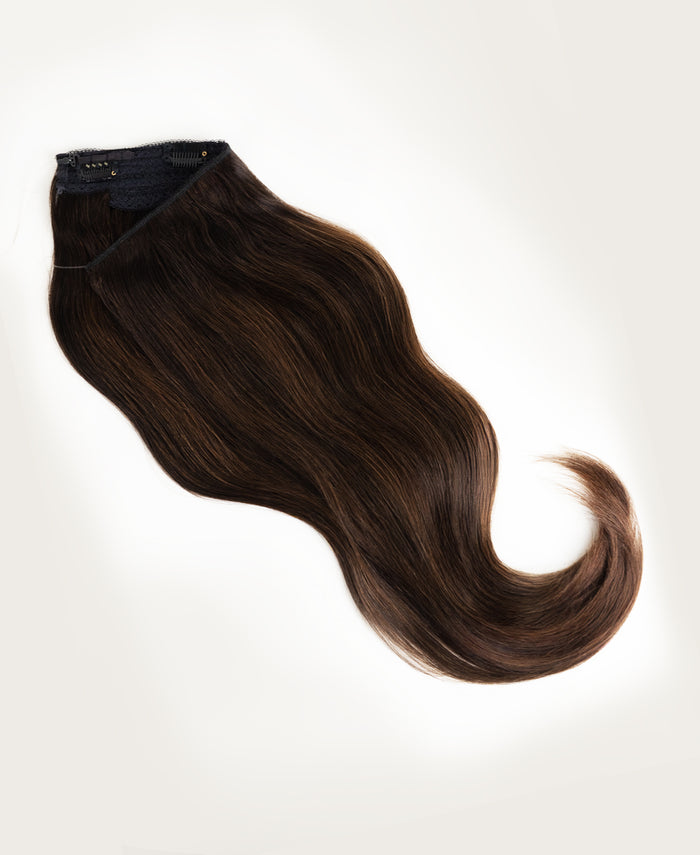 halo one-step hair extensions mocha balayage.