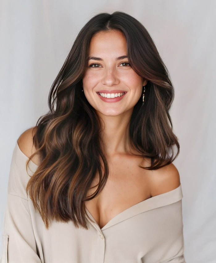 halo one-step hair extensions mocha balayage.