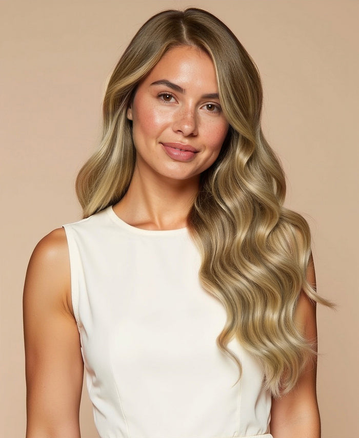 halo one-step hair extensions rooted beige highlights.