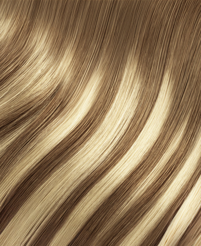 halo one-step hair extensions rooted beige highlights.