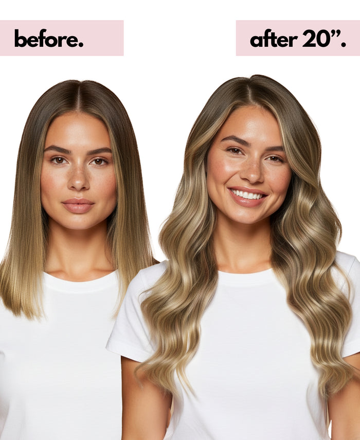 halo one-step hair extensions rooted beige highlights.
