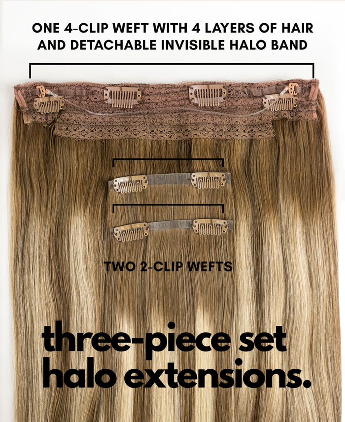 halo one-step hair extensions rooted beige highlights.
