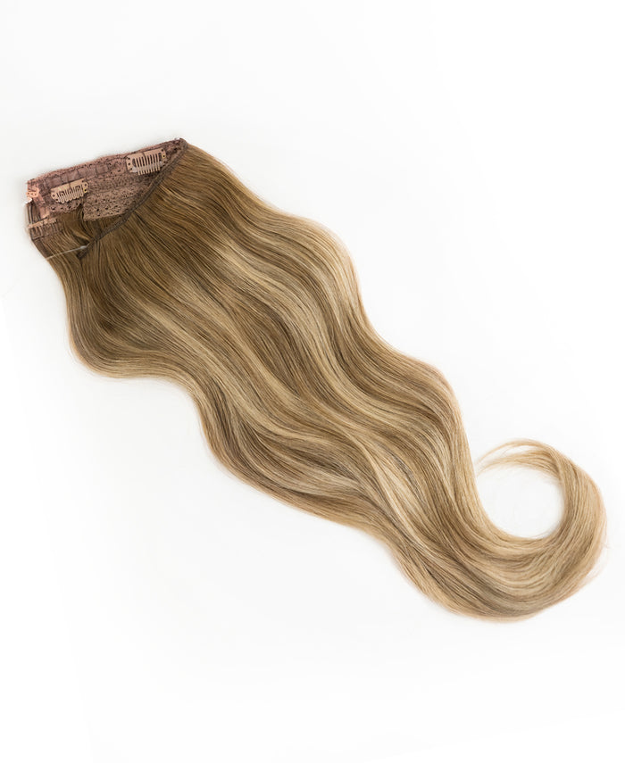 halo one-step hair extensions rooted beige highlights.