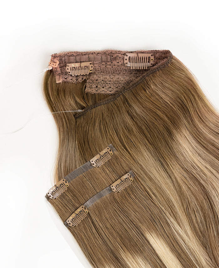 halo one-step hair extensions rooted beige highlights.
