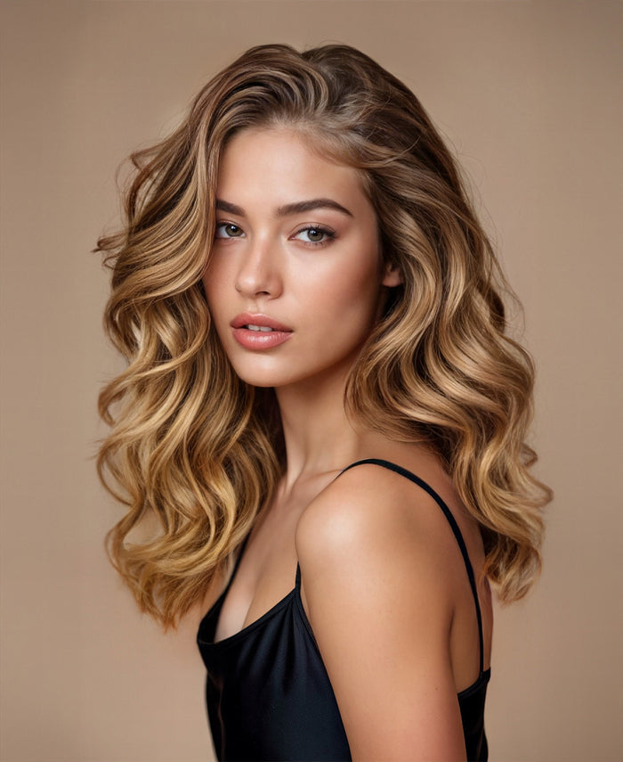 halo one-step hair extensions rooted beige highlights.
