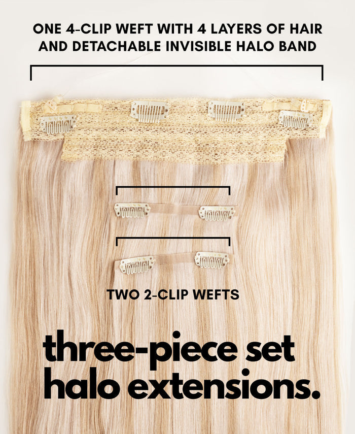 halo one-step hair extensions scandinavian highlights.