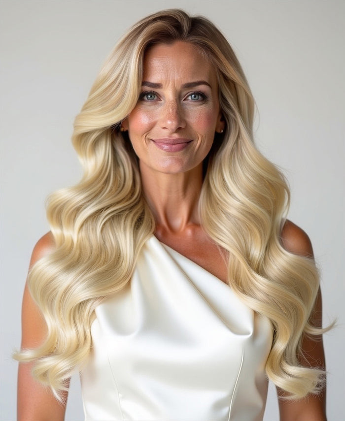 halo one-step hair extensions shadow root white blonde.