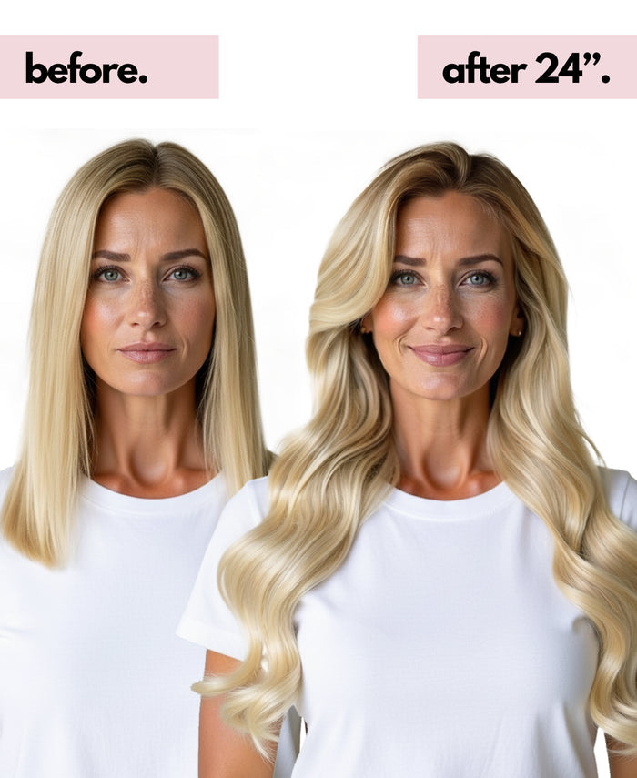 halo one-step hair extensions shadow root white blonde.