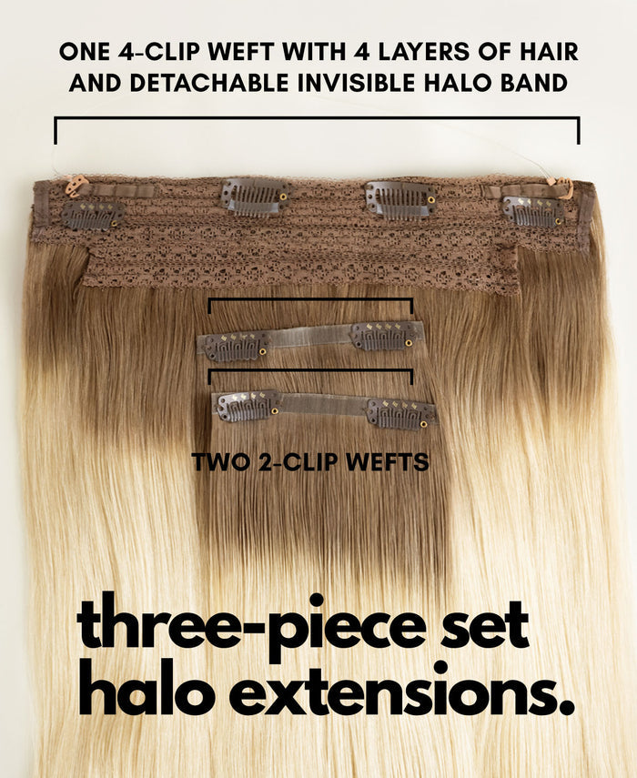 halo one-step hair extensions shadow root white blonde.
