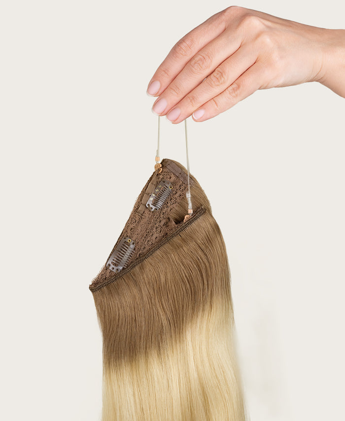 halo one-step hair extensions shadow root white blonde.